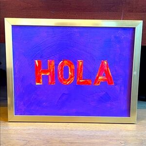 Framed Purple and Orange 'HOLA' Acrylic Painting